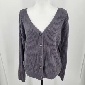 Barefoot Dreams Cardigan Womens Large Gray Cozychic Lite Knit Ribbed V Neck Boxy